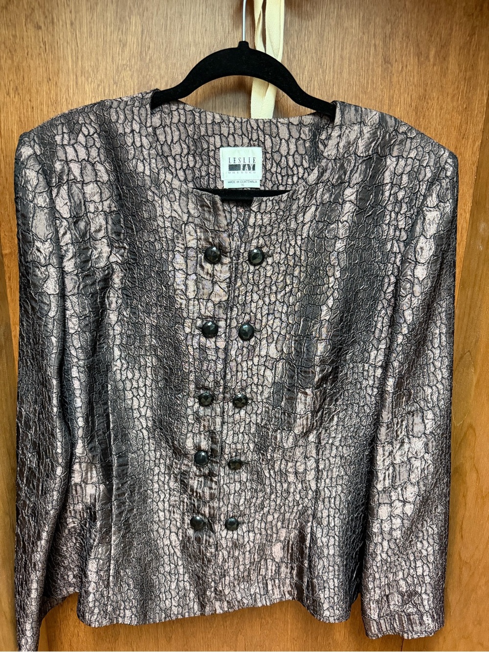 Leslie Fay Metallic Croc-Embossed Blazer in Silver-Taupe